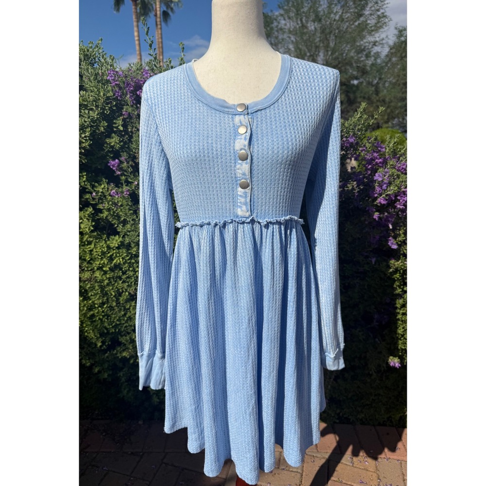 Free People Marissa Ribbed Blue Waffle Knit Henley Babydoll Mini Dress Small